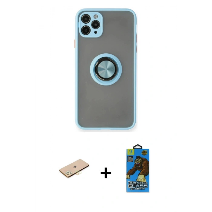 MARSİLYAN™- iPhone 11 Pro Max Kılıf Yörünge Çizgi - Siyah 18D Cam Ekran Koruyucu + Renkli Kamera Lens Koruma Cam - SI