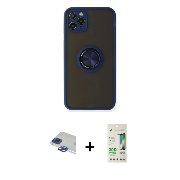 MARSİLYAN™- iPhone 11 Pro Max Kılıf Yörünge Çizgi - Siyah 20D Premium Cam Ekran Koruyucu + Lacivert Pers Alüminyum Kamera Lens