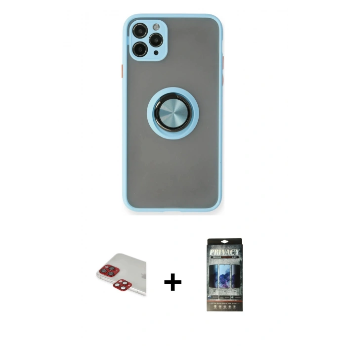MARSİLYAN™- iPhone 11 Pro Max Kılıf Yörünge Çizgi - Siyah 34D Hayalet Izgaralı Cam + Pers Alüminyum Kamera Lens - KI