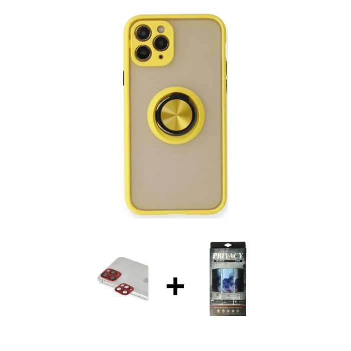 MARSİLYAN™- iPhone 11 Pro Max Kılıf Yörünge Çizgi - Siyah 34D Hayalet Izgaralı Cam + Pers Alüminyum Kamera Lens - KI