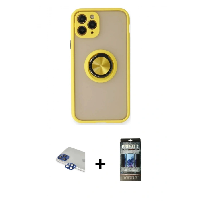 MARSİLYAN™- iPhone 11 Pro Max Kılıf Yörünge Çizgi - Siyah 34D Hayalet Izgaralı Cam + Lacivert Pers Alüminyum Kamera Lens