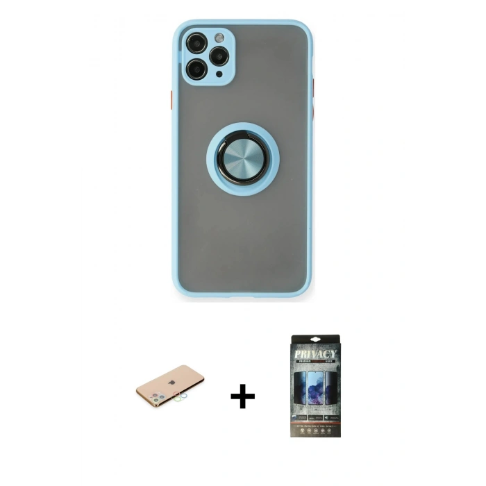 MARSİLYAN™- iPhone 11 Pro Max Kılıf Yörünge Çizgi - Siyah 34D Hayalet Izgaralı Cam + Renkli Kamera Lens Koruma Cam - MI