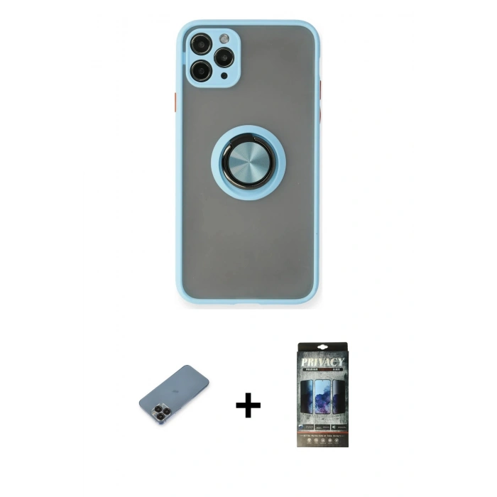 MARSİLYAN™- iPhone 11 Pro Max Kılıf Yörünge Çizgi - Siyah 34D Hayalet Izgaralı Cam + Metal Kamera Lens Koruma Cam - SH