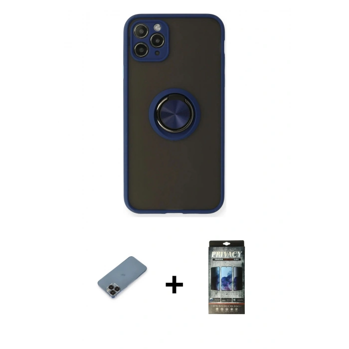 MARSİLYAN™- iPhone 11 Pro Max Kılıf Yörünge Çizgi - Siyah 34D Hayalet Izgaralı Cam + Metal Kamera Lens Koruma Cam - SH