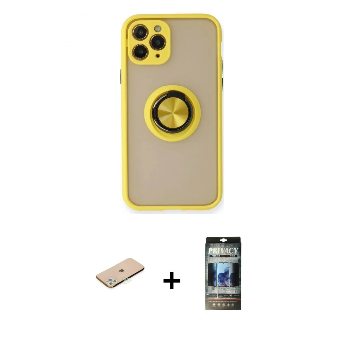 MARSİLYAN™- iPhone 11 Pro Max Kılıf Yörünge Çizgi - Siyah 34D Hayalet Izgaralı Cam + Renkli Kamera Lens Koruma Cam - YL