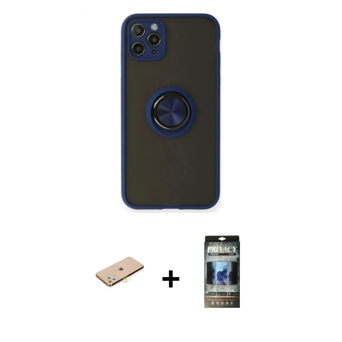 MARSİLYAN™- iPhone 11 Pro Max Kılıf Yörünge Çizgi - Siyah 34D Hayalet Izgaralı Cam + Renkli Kamera Lens Koruma Cam - SI
