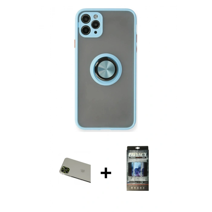 MARSİLYAN™- iPhone 11 Pro Max Kılıf Yörünge Çizgi - Siyah 34D Hayalet Izgaralı Cam + Rainbow Kamera Lens Koruma Cam - YL
