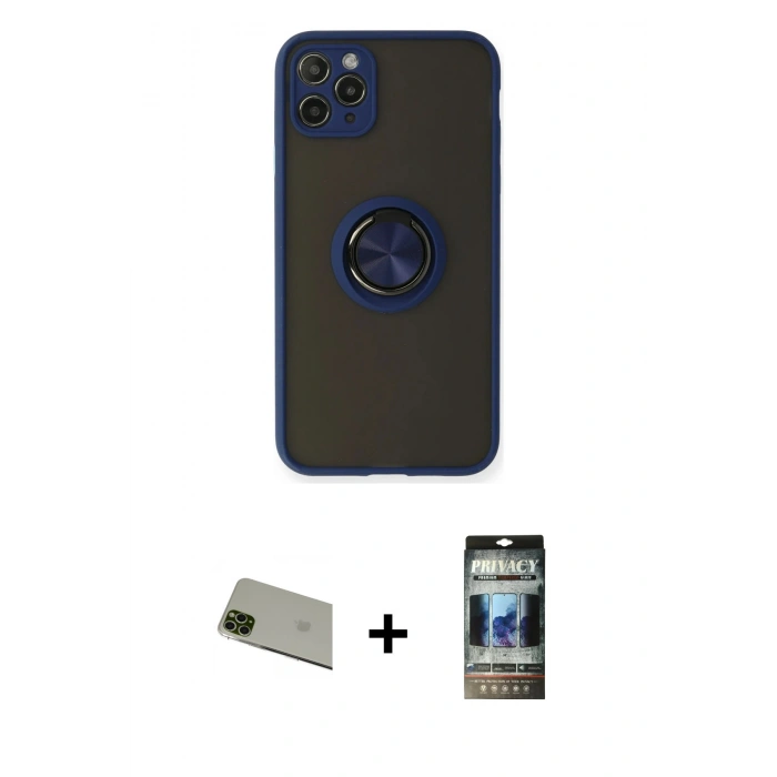 MARSİLYAN™- iPhone 11 Pro Max Kılıf Yörünge Çizgi - Siyah 34D Hayalet Izgaralı Cam + Rainbow Kamera Lens Koruma Cam - YL