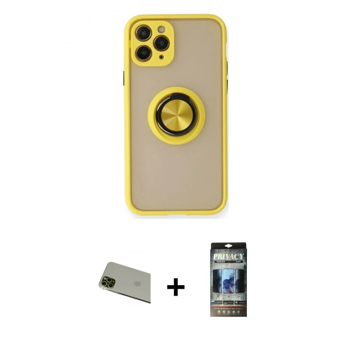 MARSİLYAN™- iPhone 11 Pro Max Kılıf Yörünge Çizgi - Siyah 34D Hayalet Izgaralı Cam + Rainbow Kamera Lens Koruma Cam - YL