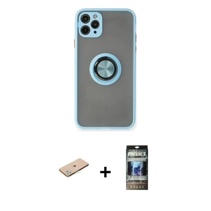 MARSİLYAN™- iPhone 11 Pro Max Kılıf Yörünge Çizgi - Siyah 34D Hayalet Izgaralı Cam + Renkli Kamera Lens Koruma Cam - YL