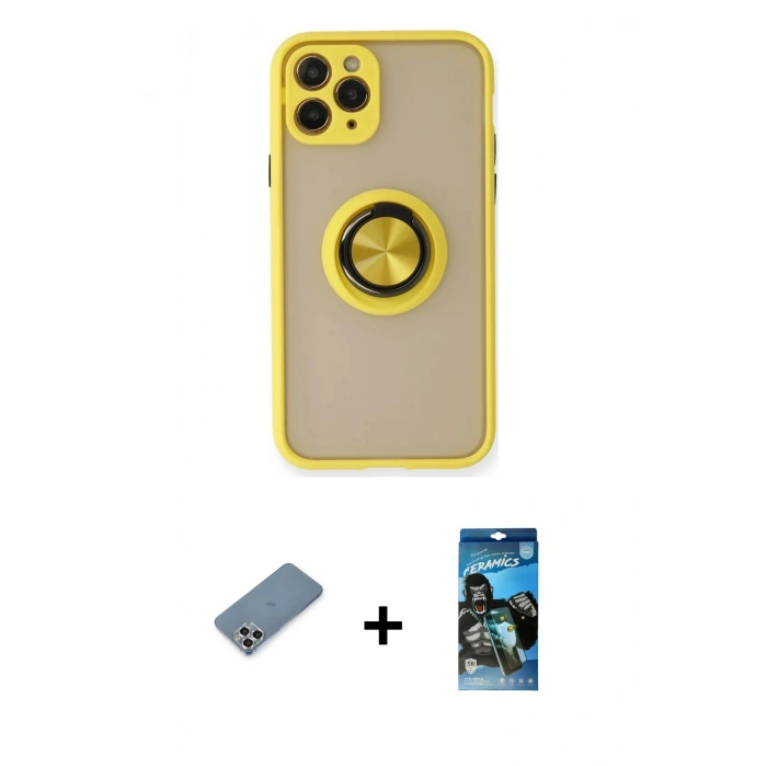 MARSİLYAN™- iPhone 11 Pro Max Kılıf Yörünge Çizgi - Siyah 34D Izgaralı Cam + Metal Kamera Lens Koruma Cam - GS