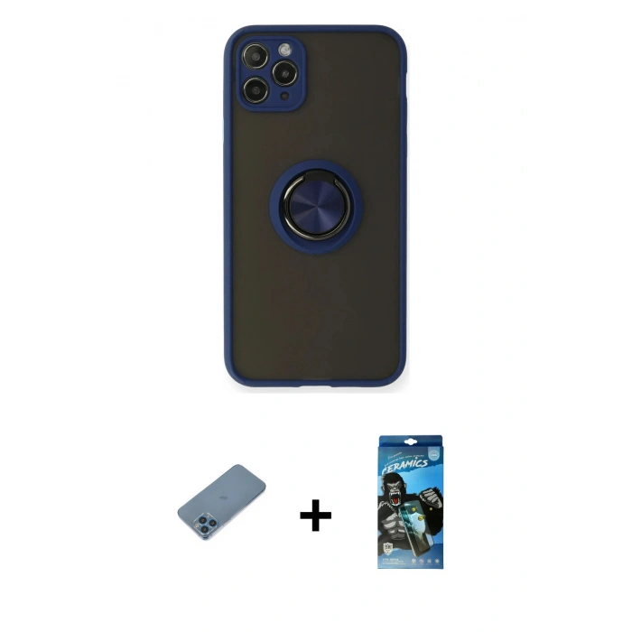 MARSİLYAN™- iPhone 11 Pro Max Kılıf Yörünge Çizgi - Siyah 34D Izgaralı Cam + Mavi Shine Kamera Lens Koruma Cam