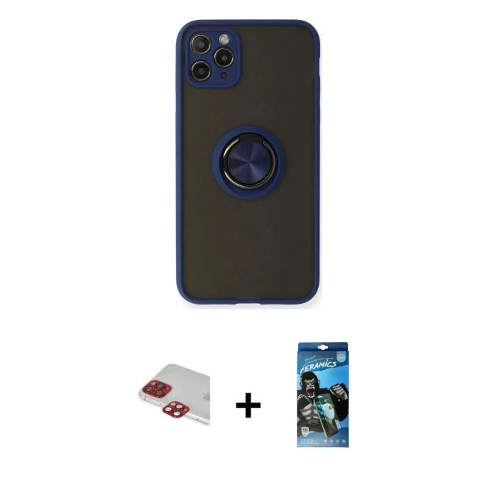 MARSİLYAN™- iPhone 11 Pro Max Kılıf Yörünge Çizgi - Siyah 34D Izgaralı Cam + Pers Alüminyum Kamera Lens - KI