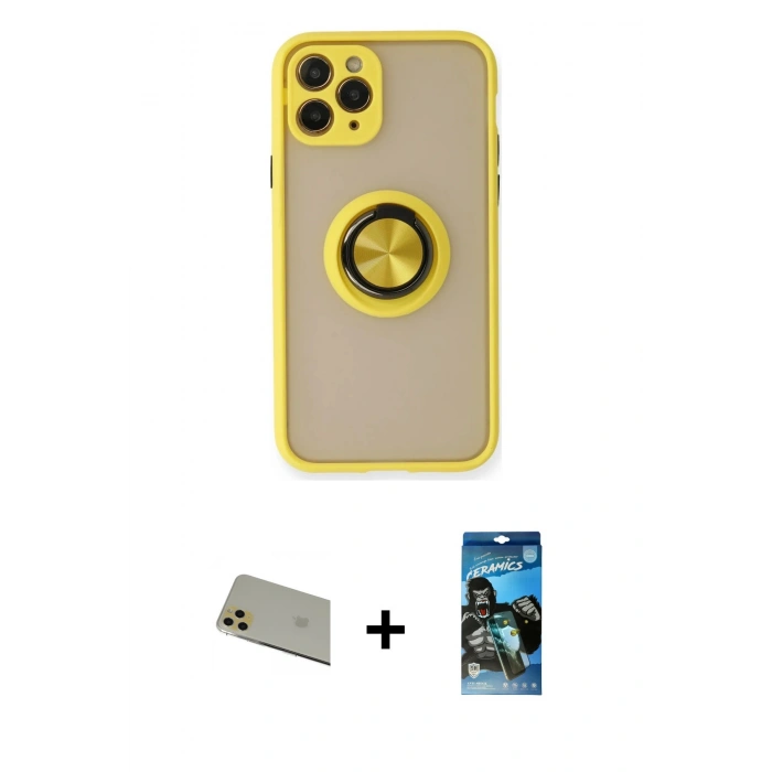 MARSİLYAN™- iPhone 11 Pro Max Kılıf Yörünge Çizgi - Siyah 34D Izgaralı Cam + Rainbow Kamera Lens Koruma Cam - GD