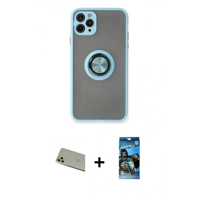 MARSİLYAN™- iPhone 11 Pro Max Kılıf Yörünge Çizgi - Siyah 34D Izgaralı Cam + Rainbow Kamera Lens Koruma Cam - GD
