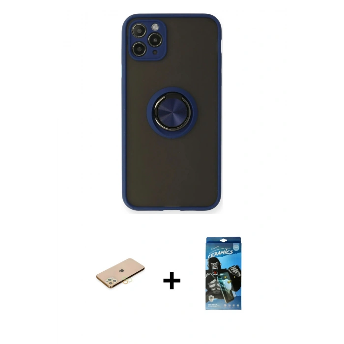 MARSİLYAN™- iPhone 11 Pro Max Kılıf Yörünge Çizgi - Siyah 34D Izgaralı Cam + Renkli Kamera Lens Koruma Cam - SI