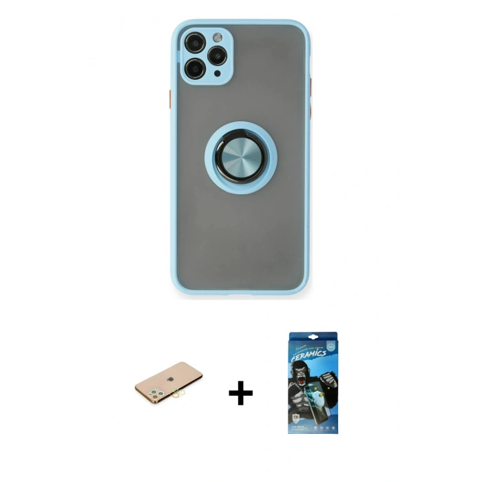 MARSİLYAN™- iPhone 11 Pro Max Kılıf Yörünge Çizgi - Siyah 34D Izgaralı Cam + Renkli Kamera Lens Koruma Cam - SI