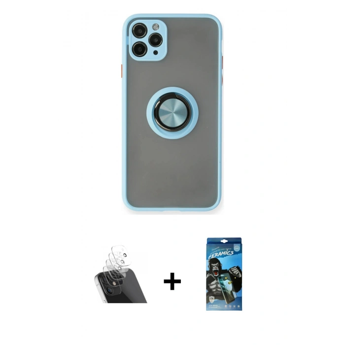 MARSİLYAN™- iPhone 11 Pro Max Kılıf Yörünge Çizgi - Siyah 34D Izgaralı Cam + Kamera Lens Koruma Cam - SF