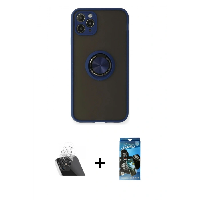 MARSİLYAN™- iPhone 11 Pro Max Kılıf Yörünge Çizgi - Siyah 34D Izgaralı Cam + Kamera Lens Koruma Cam - SF
