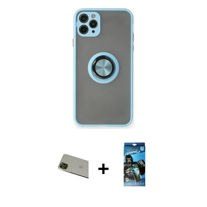 MARSİLYAN™- iPhone 11 Pro Max Kılıf Yörünge Çizgi - Siyah 34D Izgaralı Cam + Rainbow Kamera Lens Koruma Cam - YL