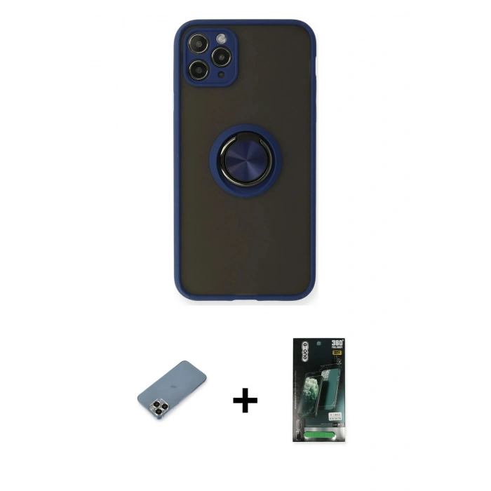 MARSİLYAN™- iPhone 11 Pro Max Kılıf Yörünge Çizgi - Siyah 360 Mat Full Body Arka Koruyucu + Metal Kamera Lens Koruma Cam - GD