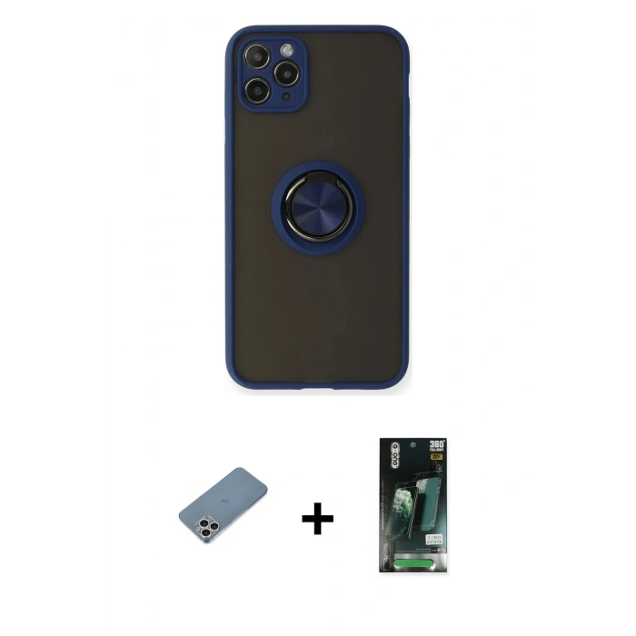 MARSİLYAN™- iPhone 11 Pro Max Kılıf Yörünge Çizgi - Siyah 360 Mat Full Body Arka Koruyucu + Shine Kamera Lens Koruma Cam - GS