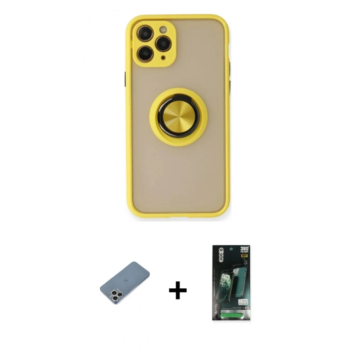 MARSİLYAN™- iPhone 11 Pro Max Kılıf Yörünge Çizgi - Siyah 360 Mat Full Body Arka Koruyucu + Shine Kamera Lens Koruma Cam - GS