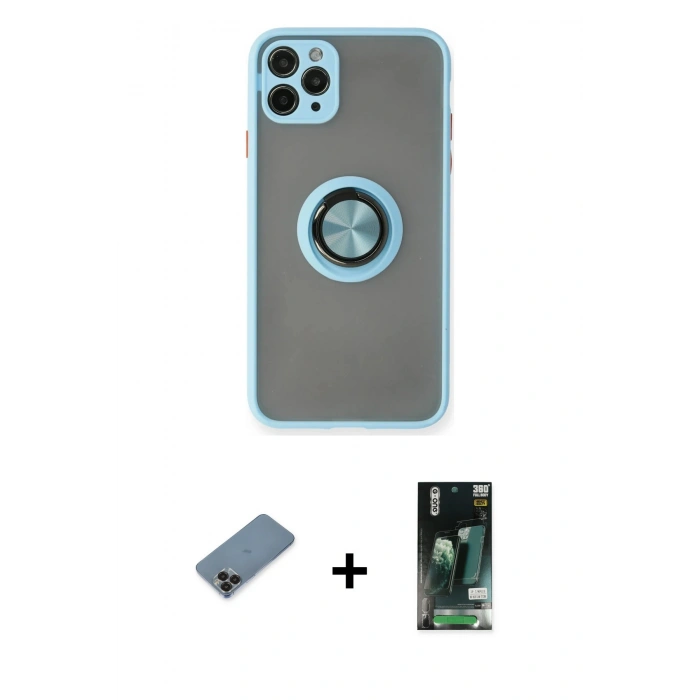 MARSİLYAN™- iPhone 11 Pro Max Kılıf Yörünge Çizgi - Siyah 360 Mat Full Body Arka Koruyucu + Metal Kamera Lens Koruma Cam - SH