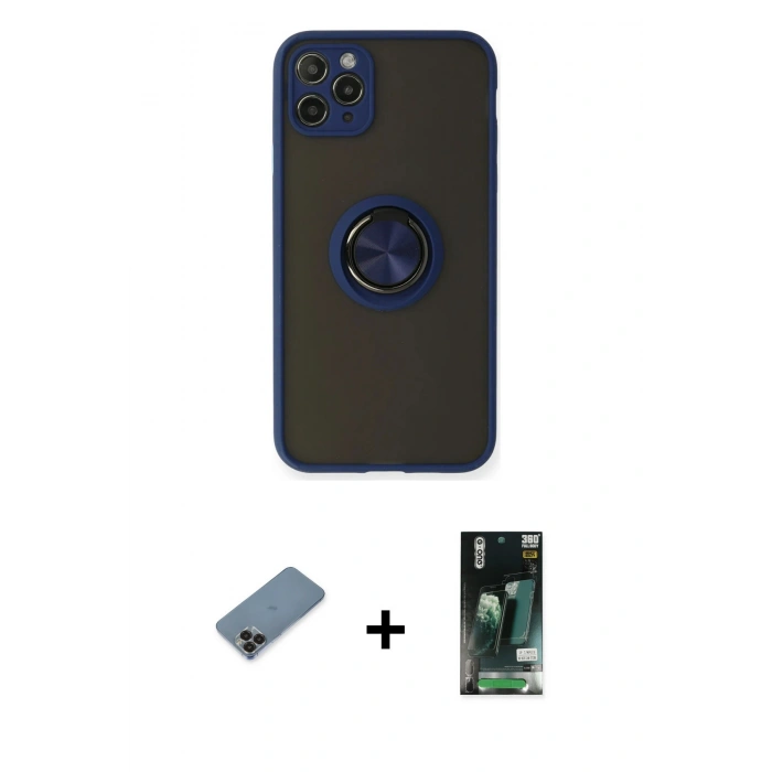MARSİLYAN™- iPhone 11 Pro Max Kılıf Yörünge Çizgi - Siyah 360 Mat Full Body Arka Koruyucu + Metal Kamera Lens Koruma Cam - SH