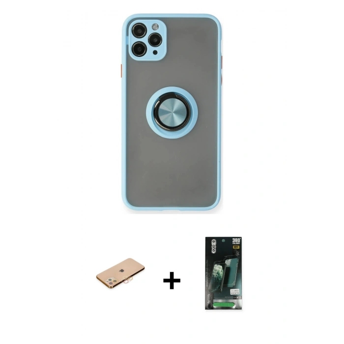 MARSİLYAN™- iPhone 11 Pro Max Kılıf Yörünge Çizgi - Siyah 360 Mat Full Body Arka Koruyucu + Renkli Kamera Lens Koruma Cam - TU