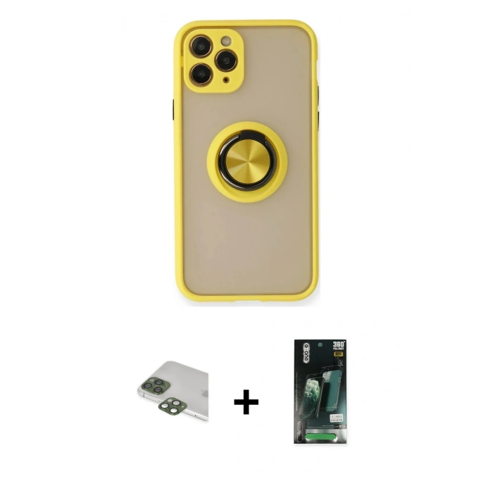MARSİLYAN™- iPhone 11 Pro Max Kılıf Yörünge Çizgi - Siyah 360 Mat Full Body Arka Koruyucu + Pers Alüminyum Kamera Lens - YL