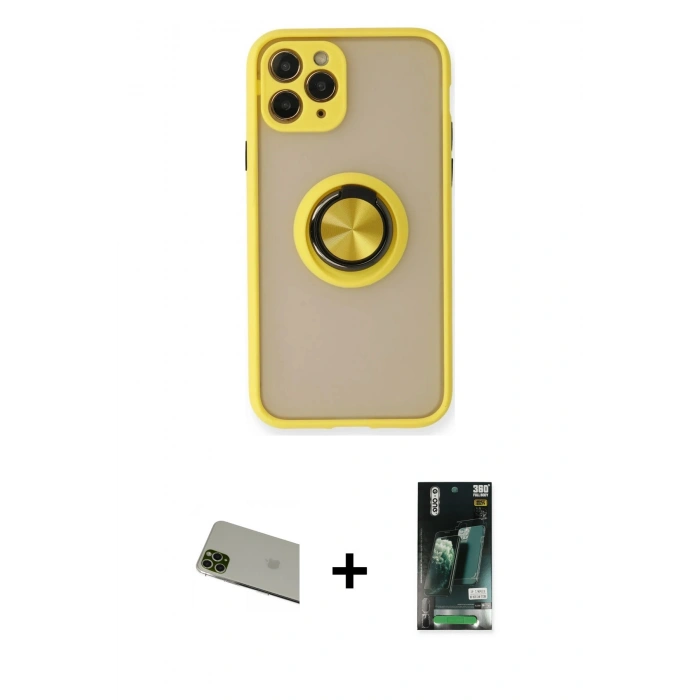 MARSİLYAN™- iPhone 11 Pro Max Kılıf Yörünge Çizgi - Siyah 360 Mat Full Body Arka Koruyucu + Rainbow Kamera Lens Koruma Cam - YL