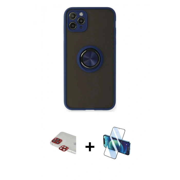 MARSİLYAN™- iPhone 11 Pro Max Kılıf Yörünge Çizgi - Siyah 3D Antistatik Cam Ekran Koruyucu + Pers Alüminyum Kamera Lens - KI