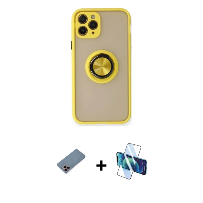 MARSİLYAN™- iPhone 11 Pro Max Kılıf Yörünge Çizgi - Siyah 3D Antistatik Cam Ekran Koruyucu + Shine Kamera Lens Koruma Cam - PE