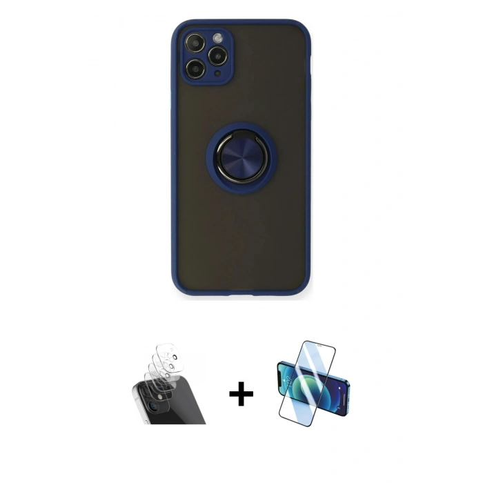 MARSİLYAN™- iPhone 11 Pro Max Kılıf Yörünge Çizgi - Siyah 3D Antistatik Cam Ekran Koruyucu + Kamera Lens Koruma Cam - SF