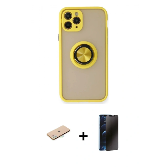 MARSİLYAN™- iPhone 11 Pro Max Kılıf Yörünge Çizgi - Siyah 3D Antistatik Hayalet Cam Ekran Koruyucu + Renkli Kamera Lens Koruma Cam - MI