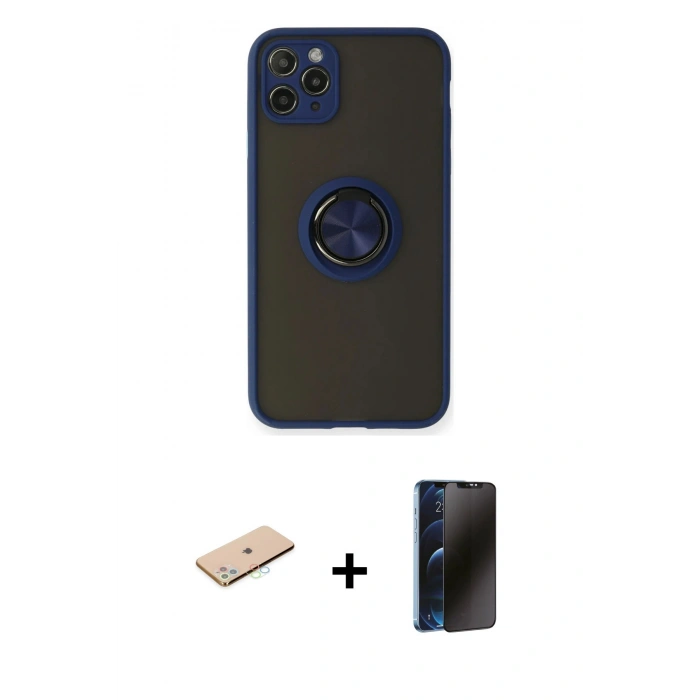 MARSİLYAN™- iPhone 11 Pro Max Kılıf Yörünge Çizgi - Siyah 3D Antistatik Hayalet Cam Ekran Koruyucu + Renkli Kamera Lens Koruma Cam - MI