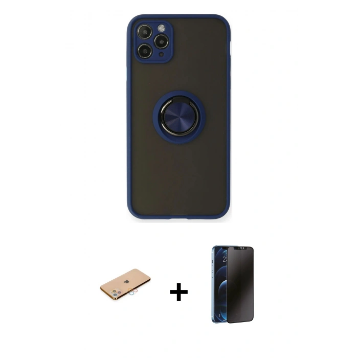 MARSİLYAN™- iPhone 11 Pro Max Kılıf Yörünge Çizgi - Siyah 3D Antistatik Hayalet Cam Ekran Koruyucu + Renkli Kamera Lens Koruma Cam - PE