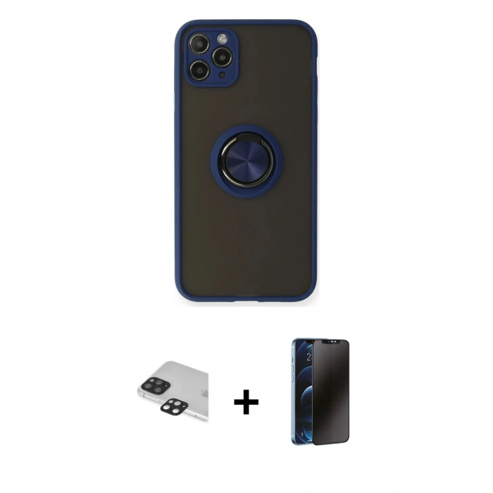 MARSİLYAN™- iPhone 11 Pro Max Kılıf Yörünge Çizgi - Siyah 3D Antistatik Hayalet Cam Ekran Koruyucu + Pers Alüminyum Kamera Lens - SH