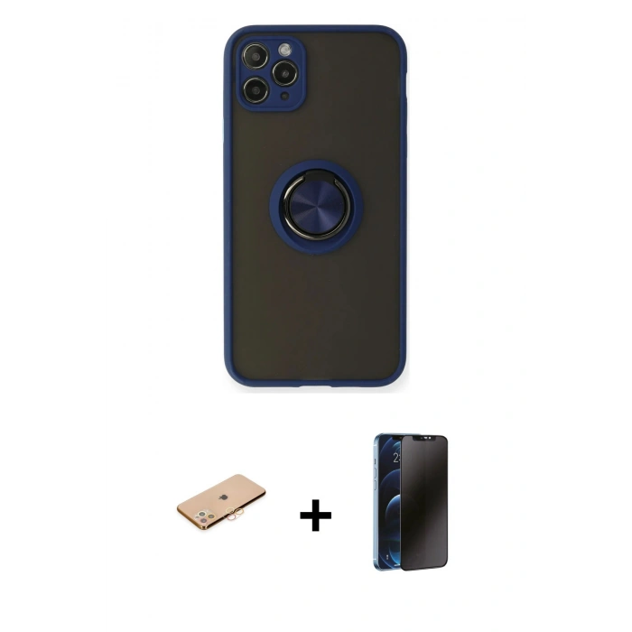 MARSİLYAN™- iPhone 11 Pro Max Kılıf Yörünge Çizgi - Siyah 3D Antistatik Hayalet Cam Ekran Koruyucu + Renkli Kamera Lens Koruma Cam - TU