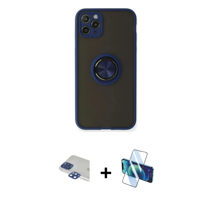 MARSİLYAN™- iPhone 11 Pro Max Kılıf Yörünge Çizgi - Siyah 3D Antistatik Seramik Nano Ekran Koruyucu + Lacivert Pers Alüminyum Kamera Lens