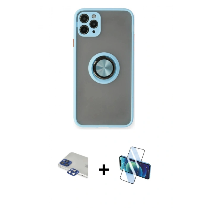 MARSİLYAN™- iPhone 11 Pro Max Kılıf Yörünge Çizgi - Siyah 3D Antistatik Seramik Nano Ekran Koruyucu + Lacivert Pers Alüminyum Kamera Lens