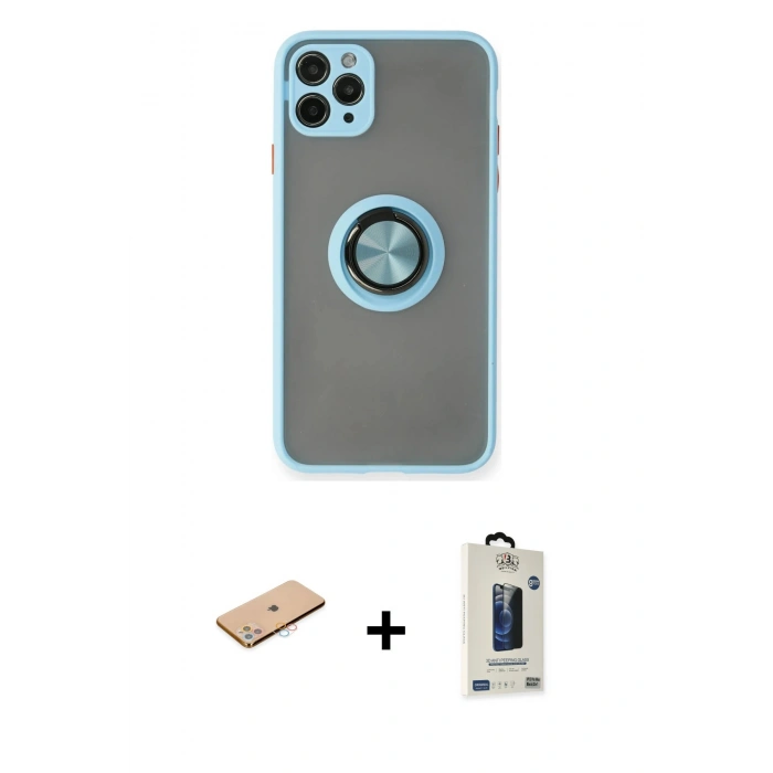 MARSİLYAN™- iPhone 11 Pro Max Kılıf Yörünge Çizgi - Siyah Bilvis Hayalet Cam Ekran Koruyucu + Renkli Kamera Lens Koruma Cam - PE