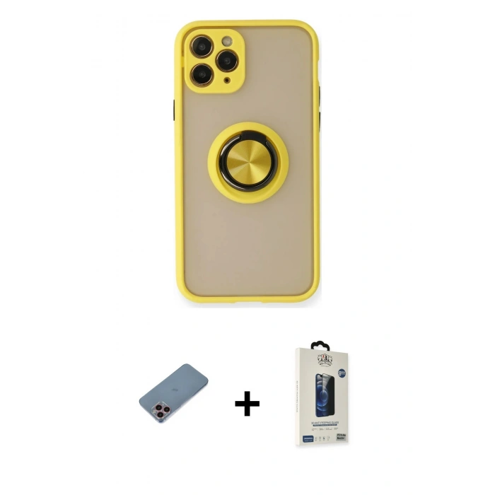MARSİLYAN™- iPhone 11 Pro Max Kılıf Yörünge Çizgi - Siyah Bilvis Hayalet Cam Ekran Koruyucu + Shine Kamera Lens Koruma Cam - PE