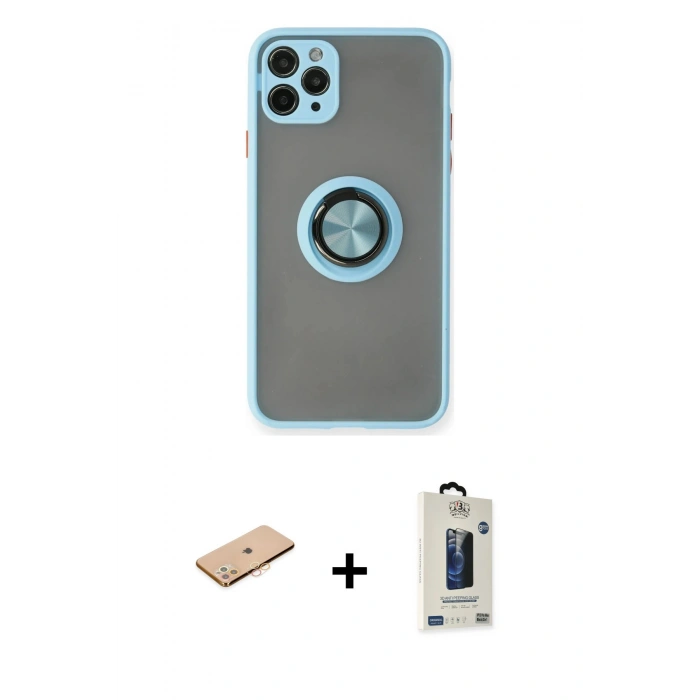 MARSİLYAN™- iPhone 11 Pro Max Kılıf Yörünge Çizgi - Siyah Bilvis Hayalet Cam Ekran Koruyucu + Renkli Kamera Lens Koruma Cam - TU