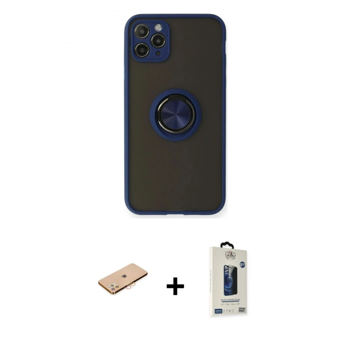 MARSİLYAN™- iPhone 11 Pro Max Kılıf Yörünge Çizgi - Siyah Bilvis Hayalet Cam Ekran Koruyucu + Renkli Kamera Lens Koruma Cam - TU