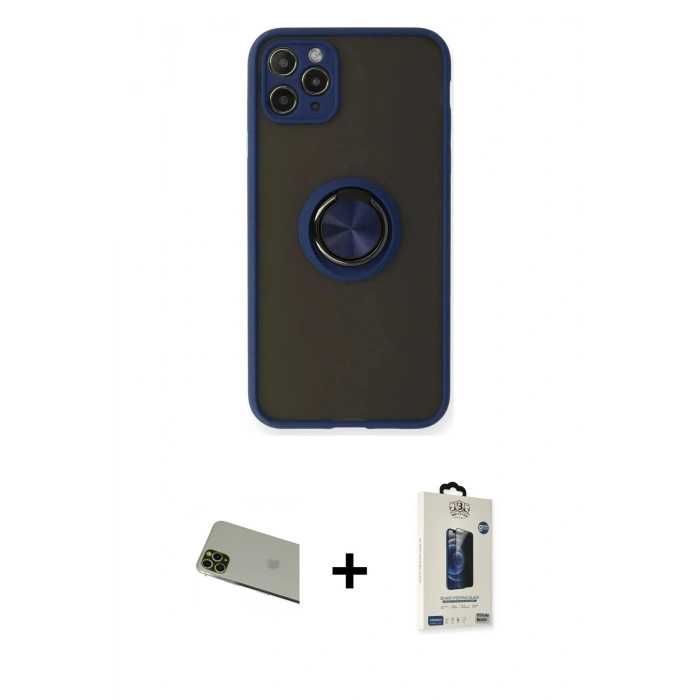 MARSİLYAN™- iPhone 11 Pro Max Kılıf Yörünge Çizgi - Siyah Bilvis Hayalet Cam Ekran Koruyucu + Rainbow Kamera Lens Koruma Cam - YL