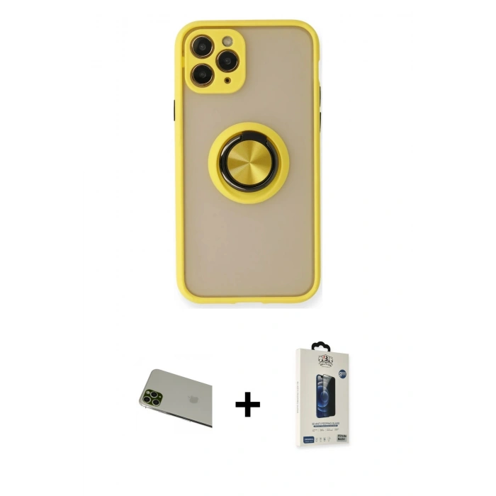 MARSİLYAN™- iPhone 11 Pro Max Kılıf Yörünge Çizgi - Siyah Bilvis Hayalet Cam Ekran Koruyucu + Rainbow Kamera Lens Koruma Cam - YL