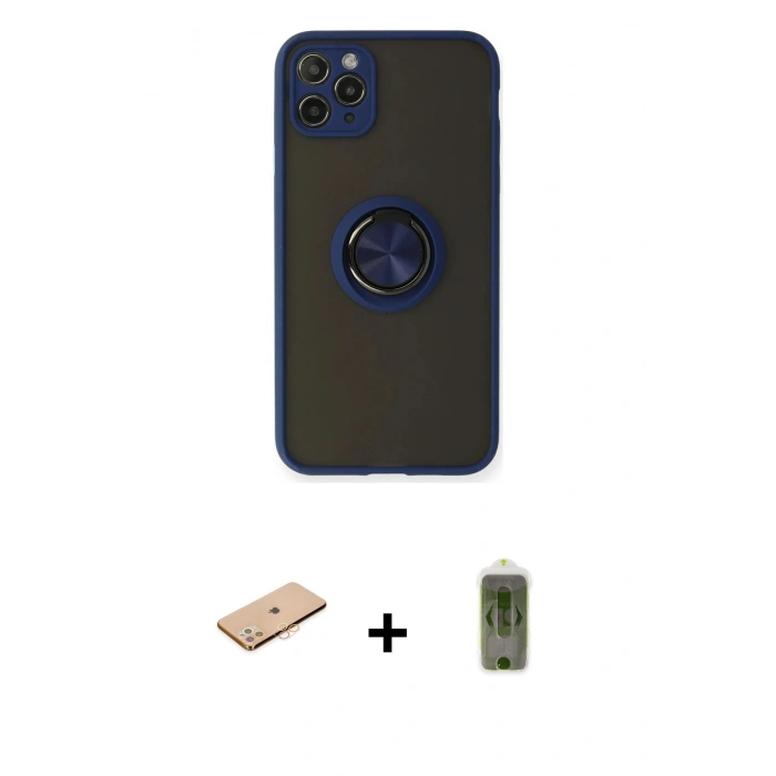 MARSİLYAN™- iPhone 11 Pro Max Kılıf Yörünge Çizgi - Siyah Joko Magic 5D Hayalet Cam + Turuncu Renkli Kamera Lens Koruma Cam