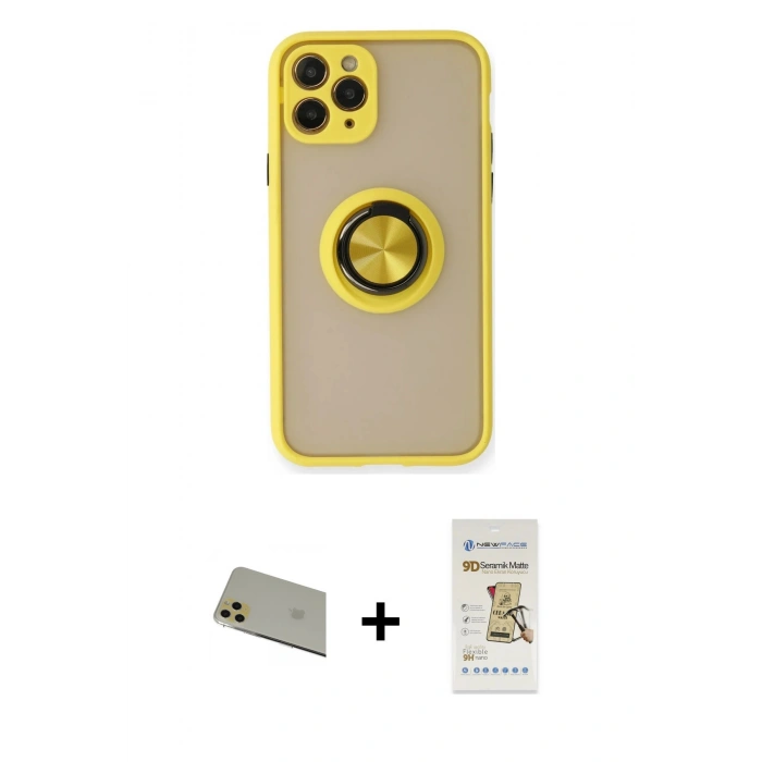 MARSİLYAN™- iPhone 11 Pro Max Kılıf Yörünge Çizgi - Siyah Mat Seramik Nano Ekran Koruyucu + Rainbow Kamera Lens Koruma Cam - GD